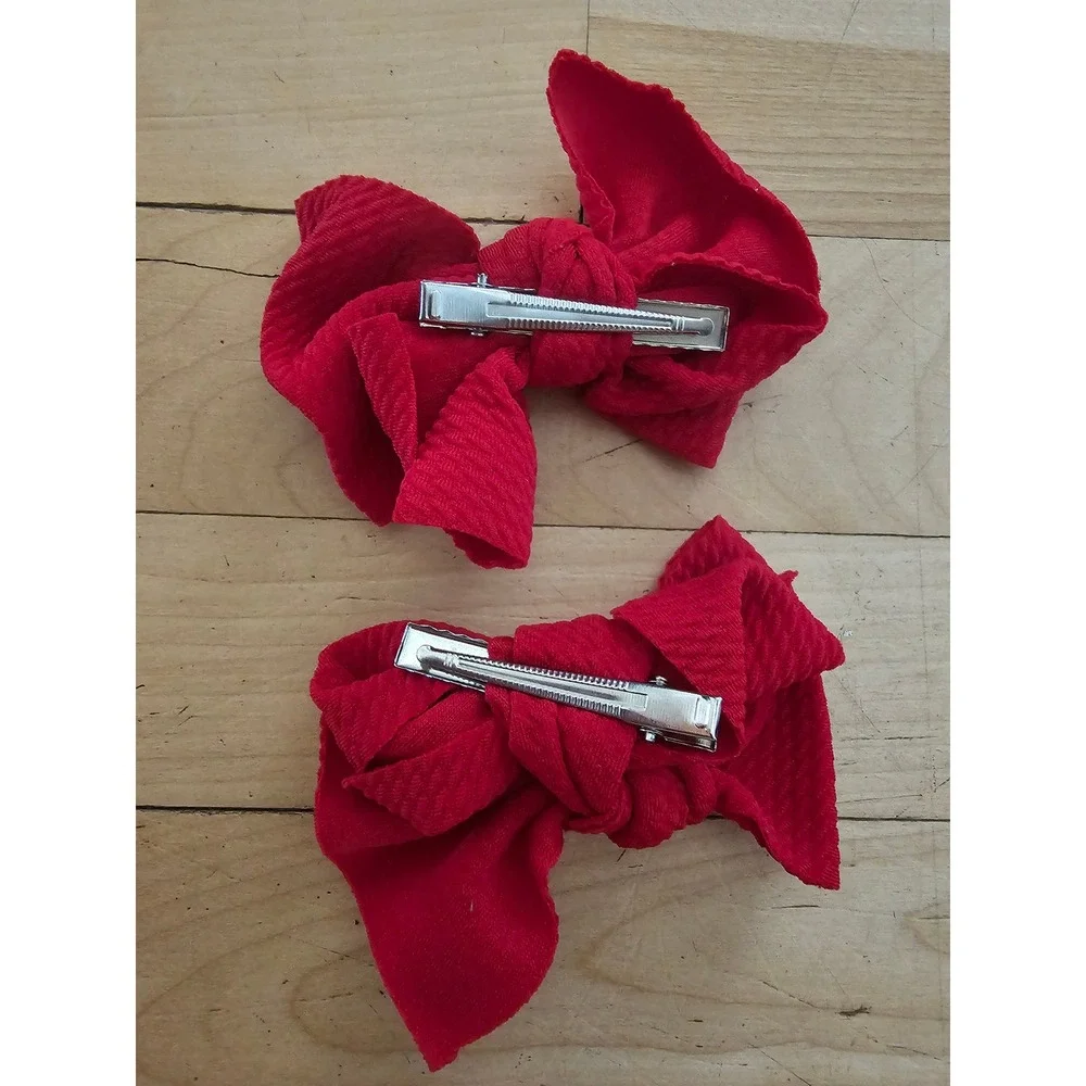 Red Textured Bullet Fabric Hair Bows Set of 2 Large Knot Alligator Clips Kids